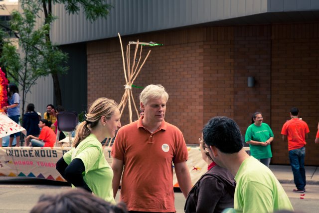 Minority Leader Paul Thissen stops by Twin Cities Pride with Marion Greene and Brian Shekleton.